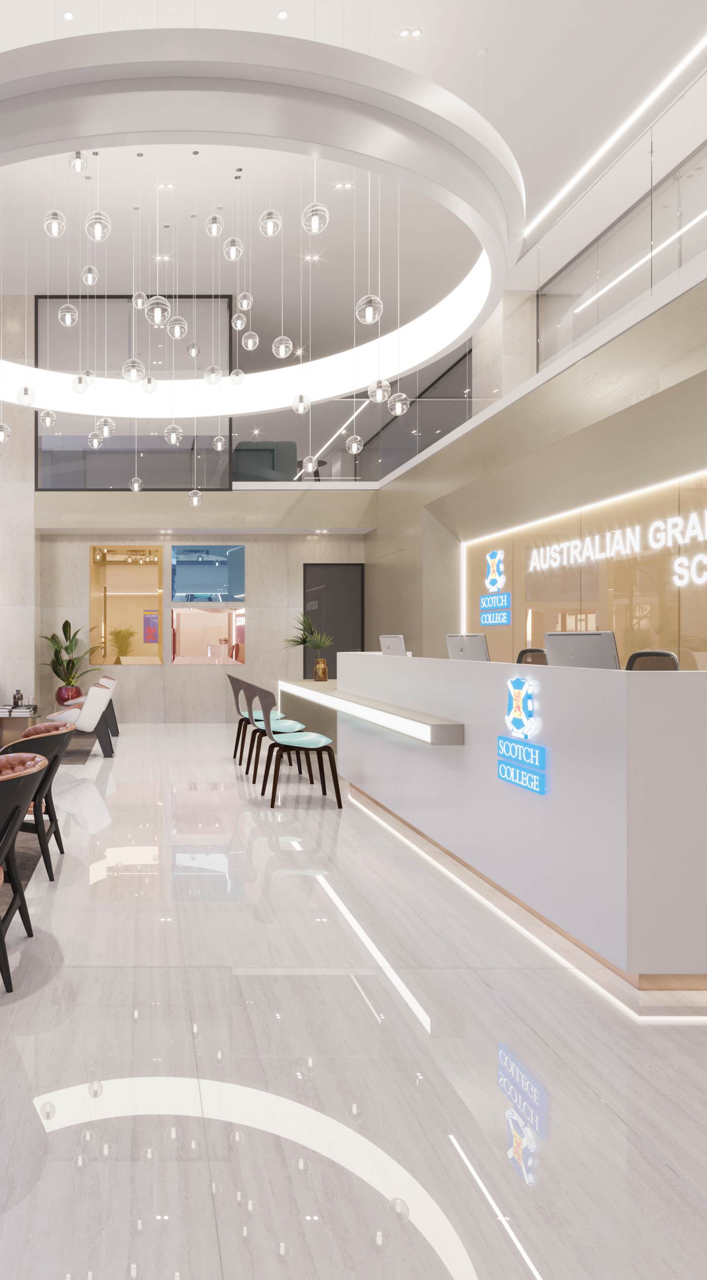 THIẾT KẾ NỘI THẤT SẢNH VĂN PHÒNG TRƯỜNG PHỔ THÔNG QUỐC TẾ NAM ÚC SCOTCH AGS